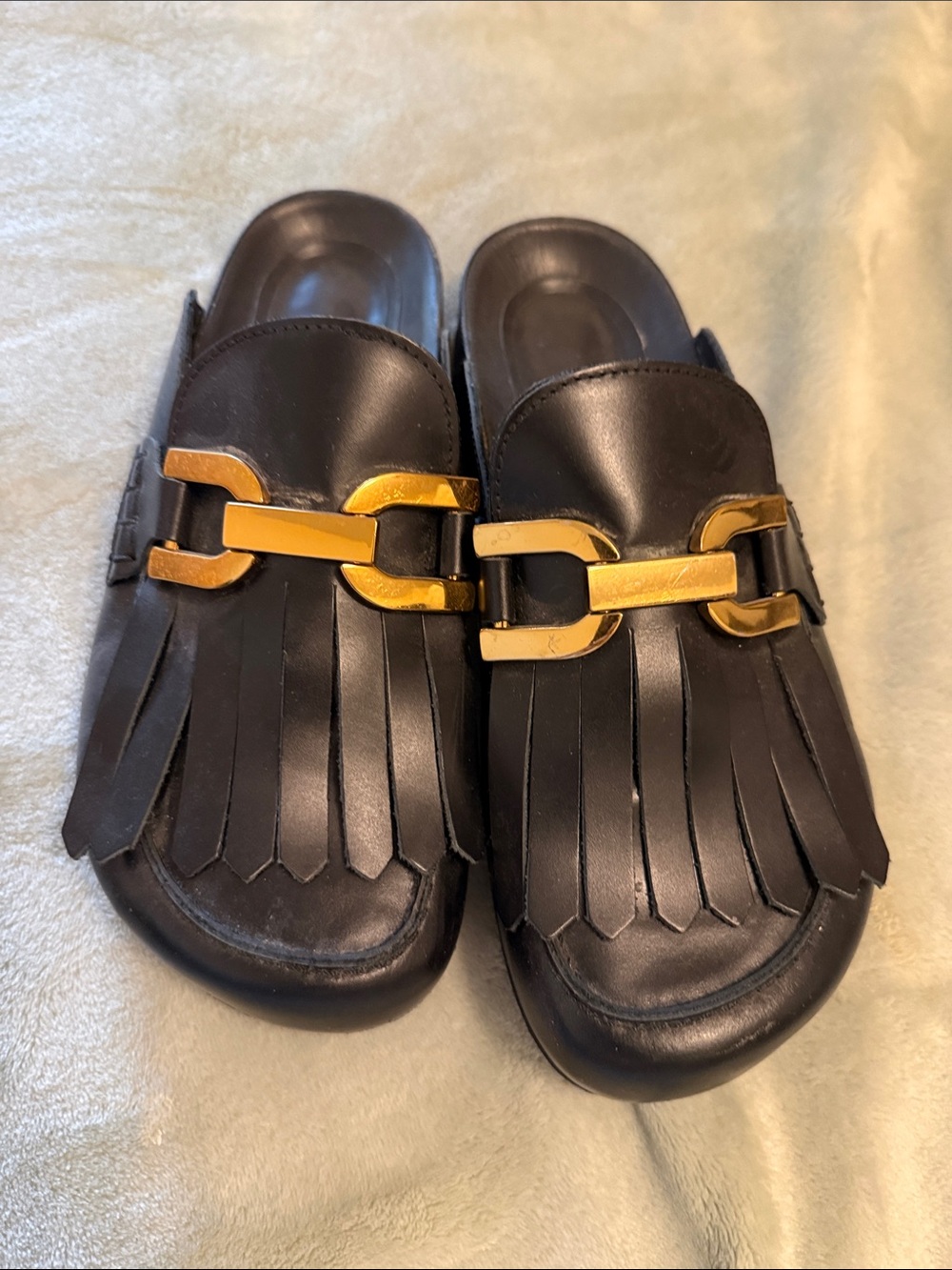 Zara Black Leather Fringe Mules with Gold Link Hardware